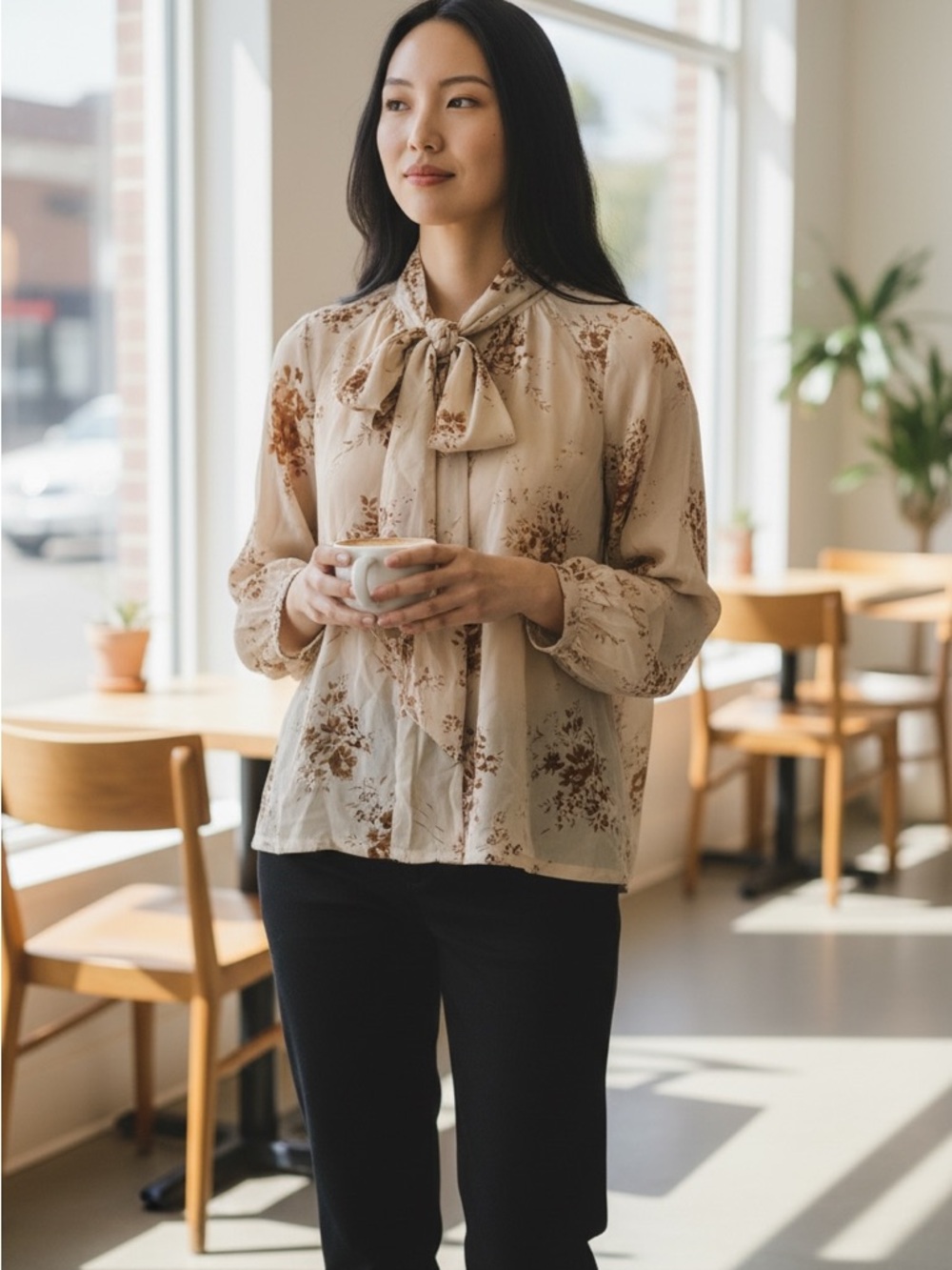 Beige Floral Tie-Neck Blouse with Bow Detail